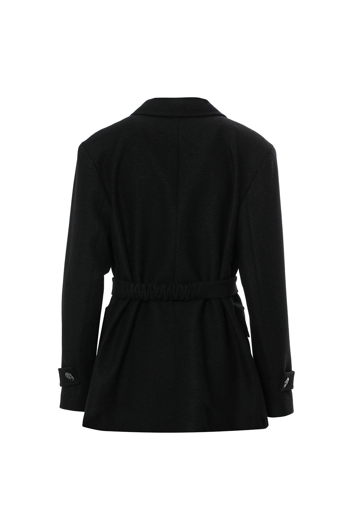 Double-Breasted Belted and Pocketed Black Jacket N
