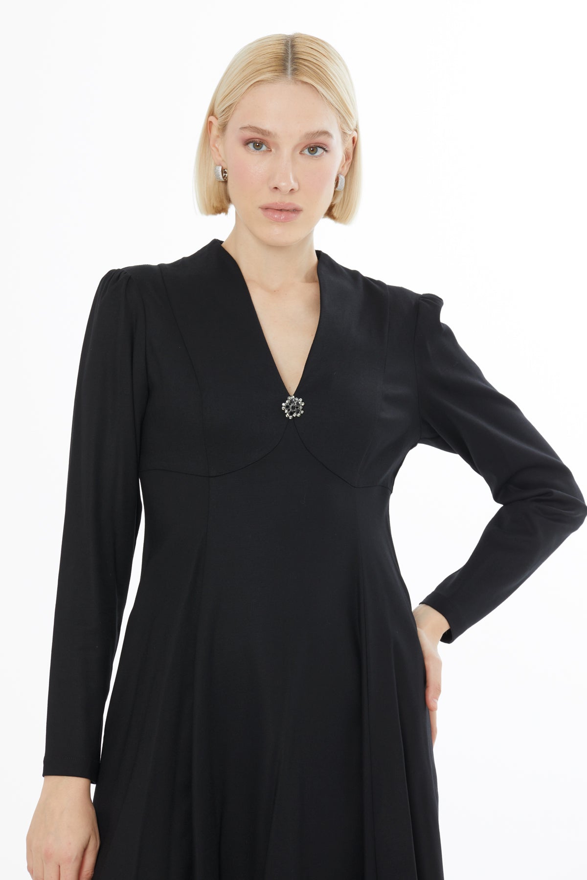 Black V-Neck Midi Dress