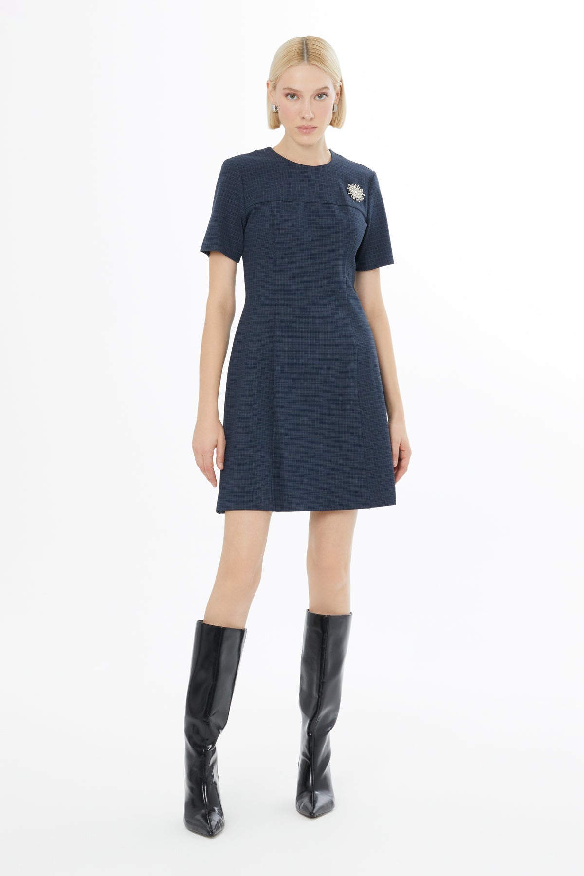 Navy Blue Short-Sleeve Mini Dress