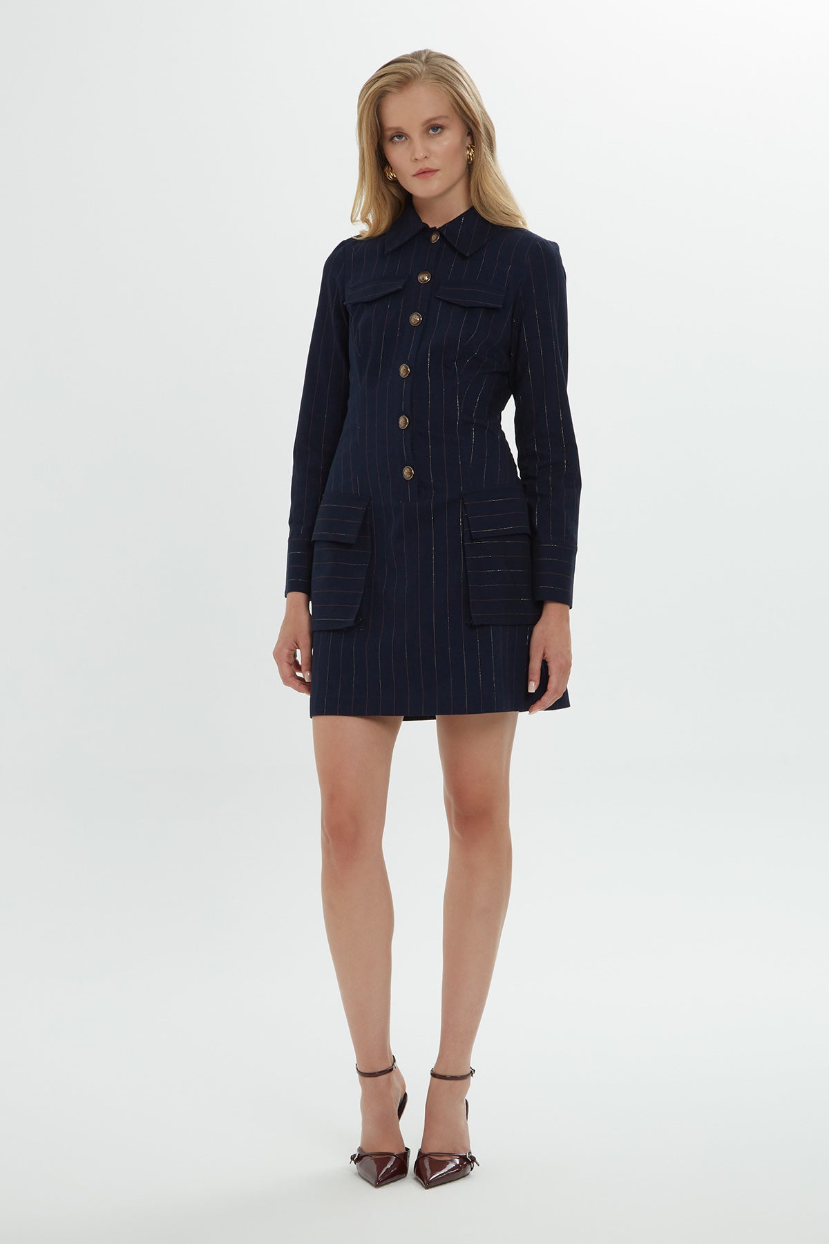 Long-Sleeved Striped Navy Shirt Dress with Gold Button Details N