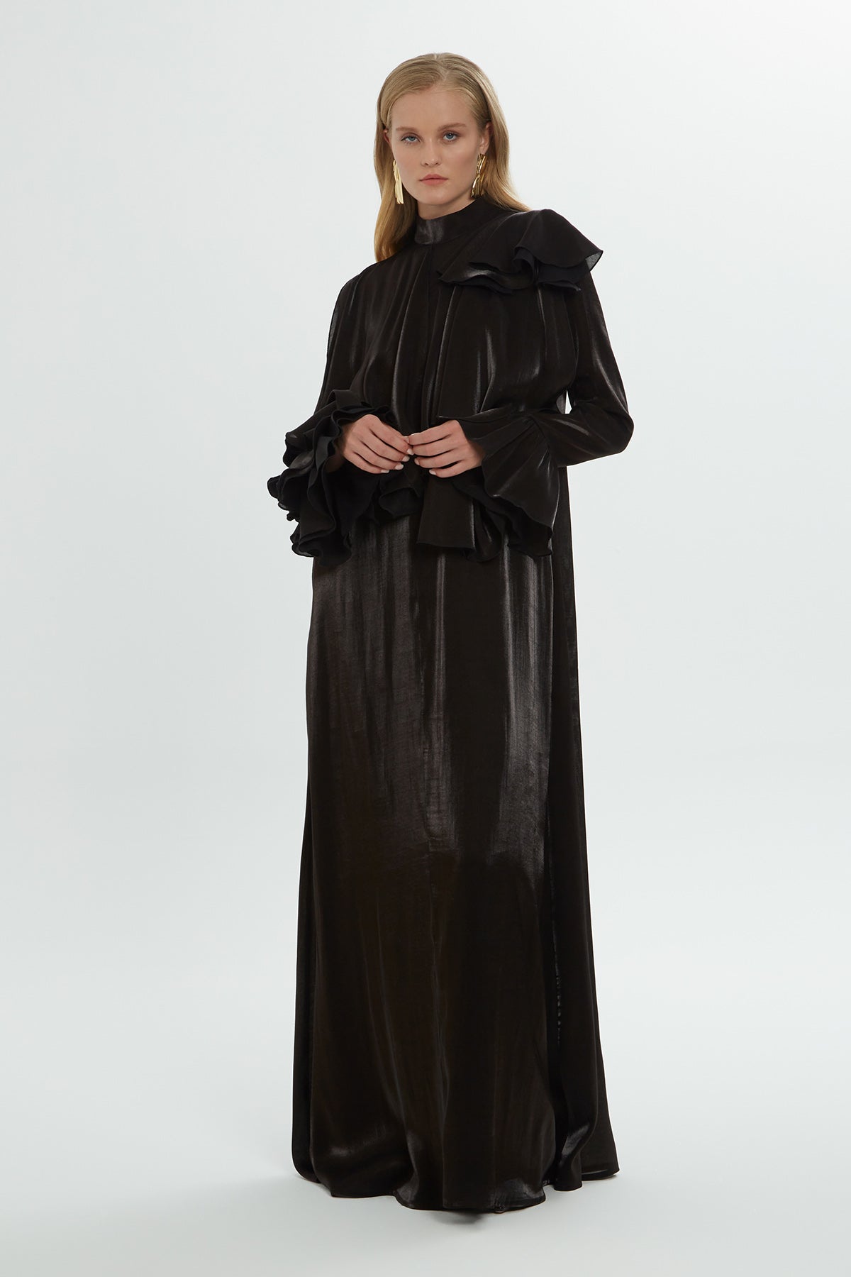 Shoulder Ruffle Detailed Shiny Black Dress N