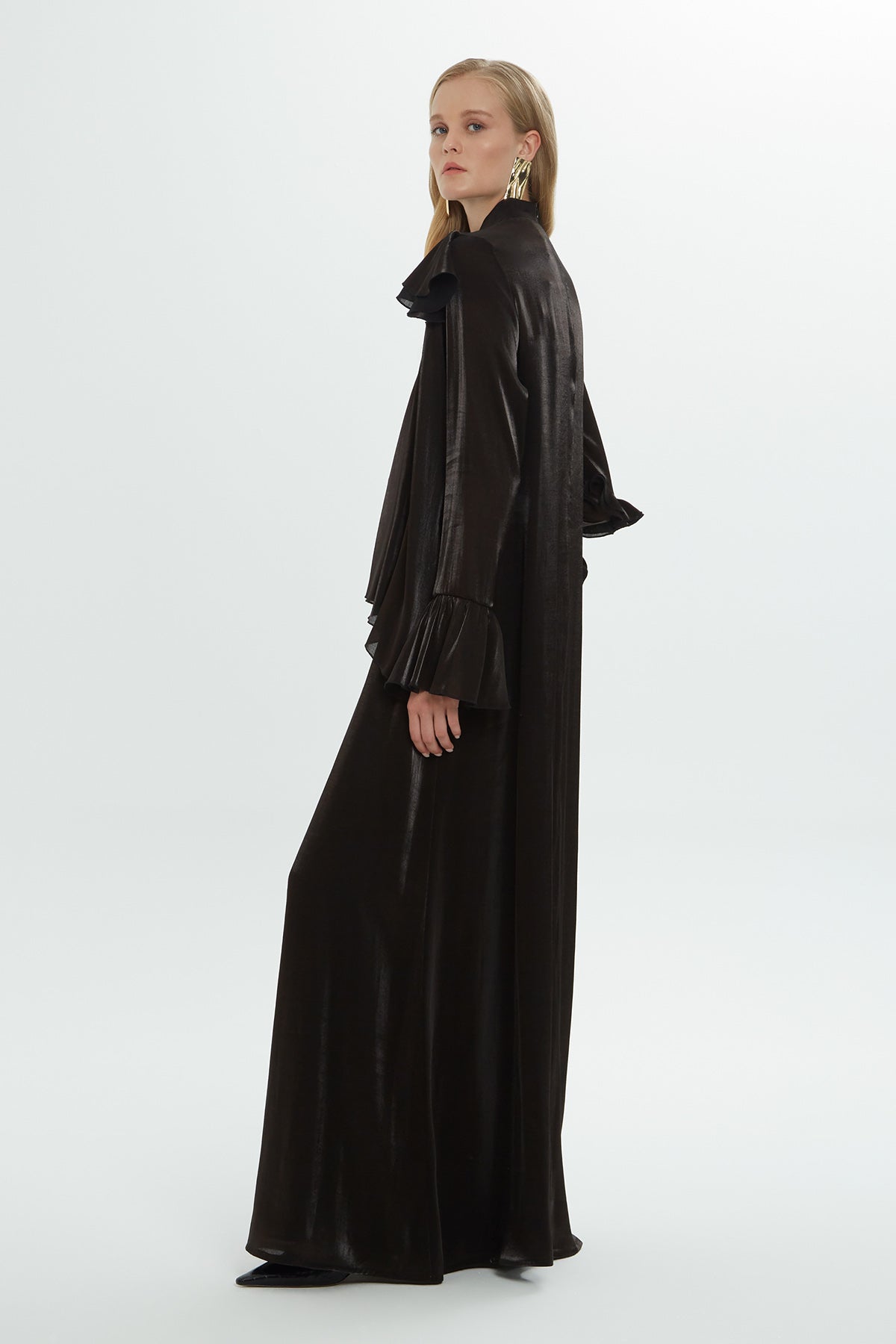 Shoulder Ruffle Detailed Shiny Black Dress N