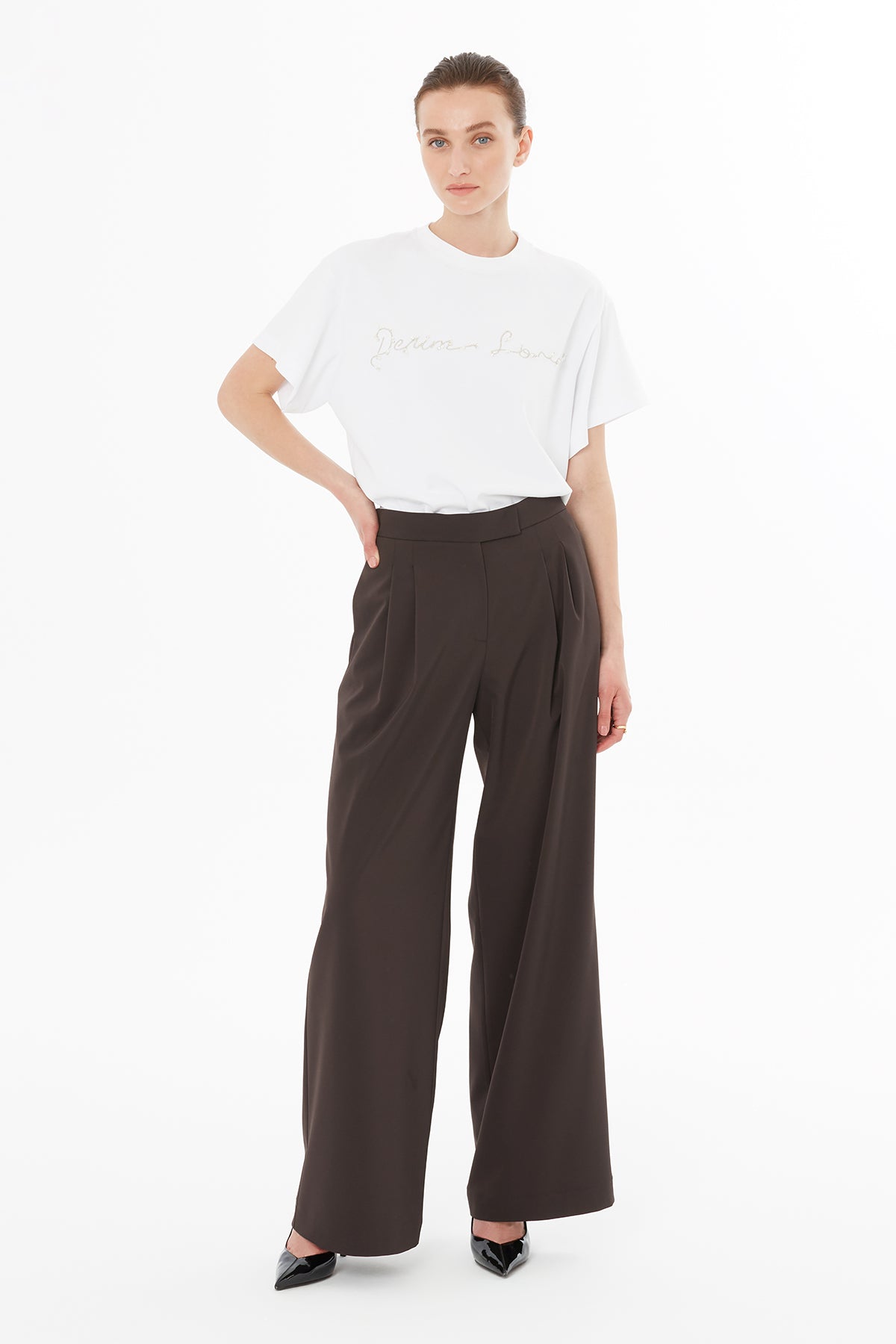 Front Pleated Wide Leg Trousers N