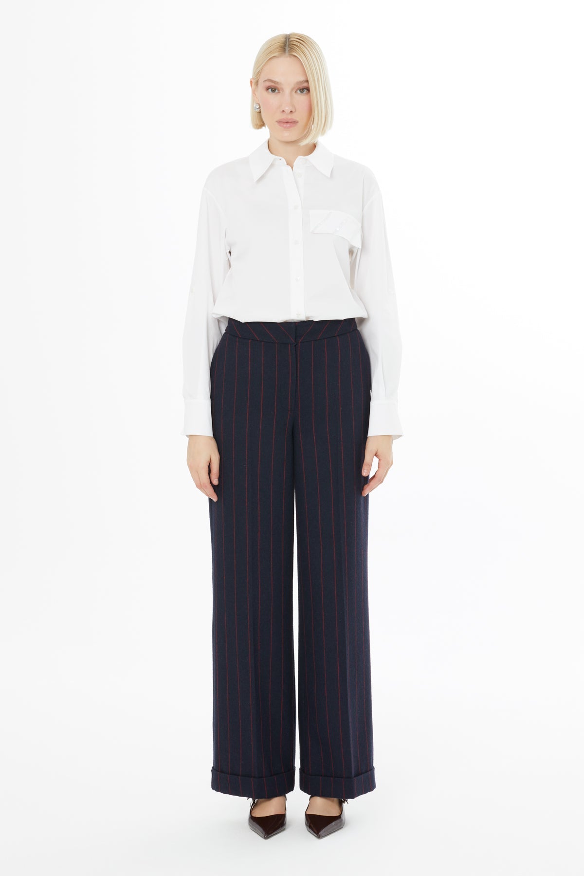 Navy Double-Hem Striped Trousers