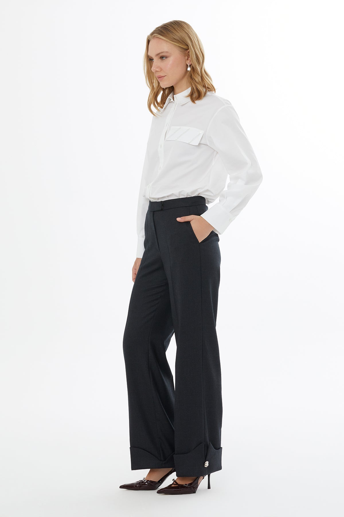 Grey Trousers with Metal-Hem Detail