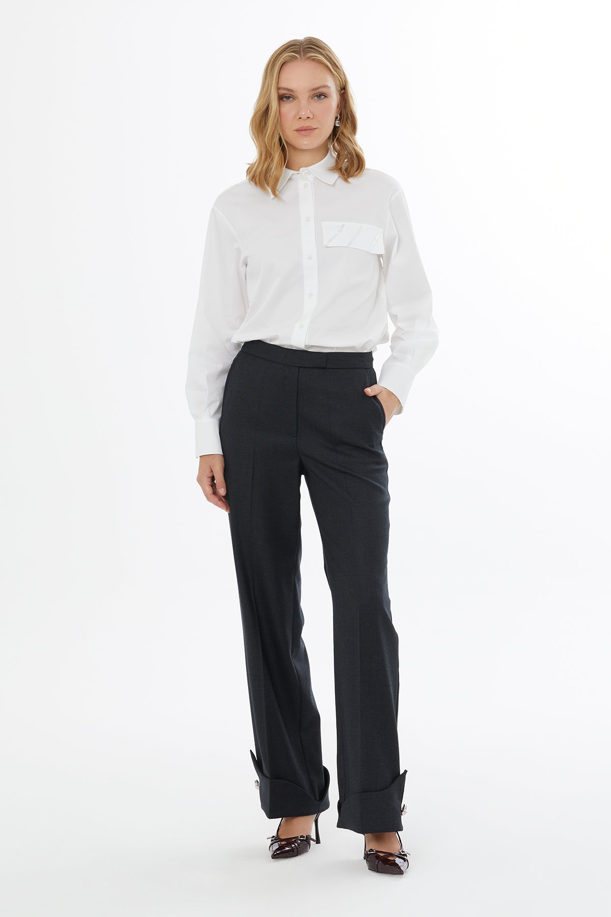 Grey Trousers with Metal-Hem Detail
