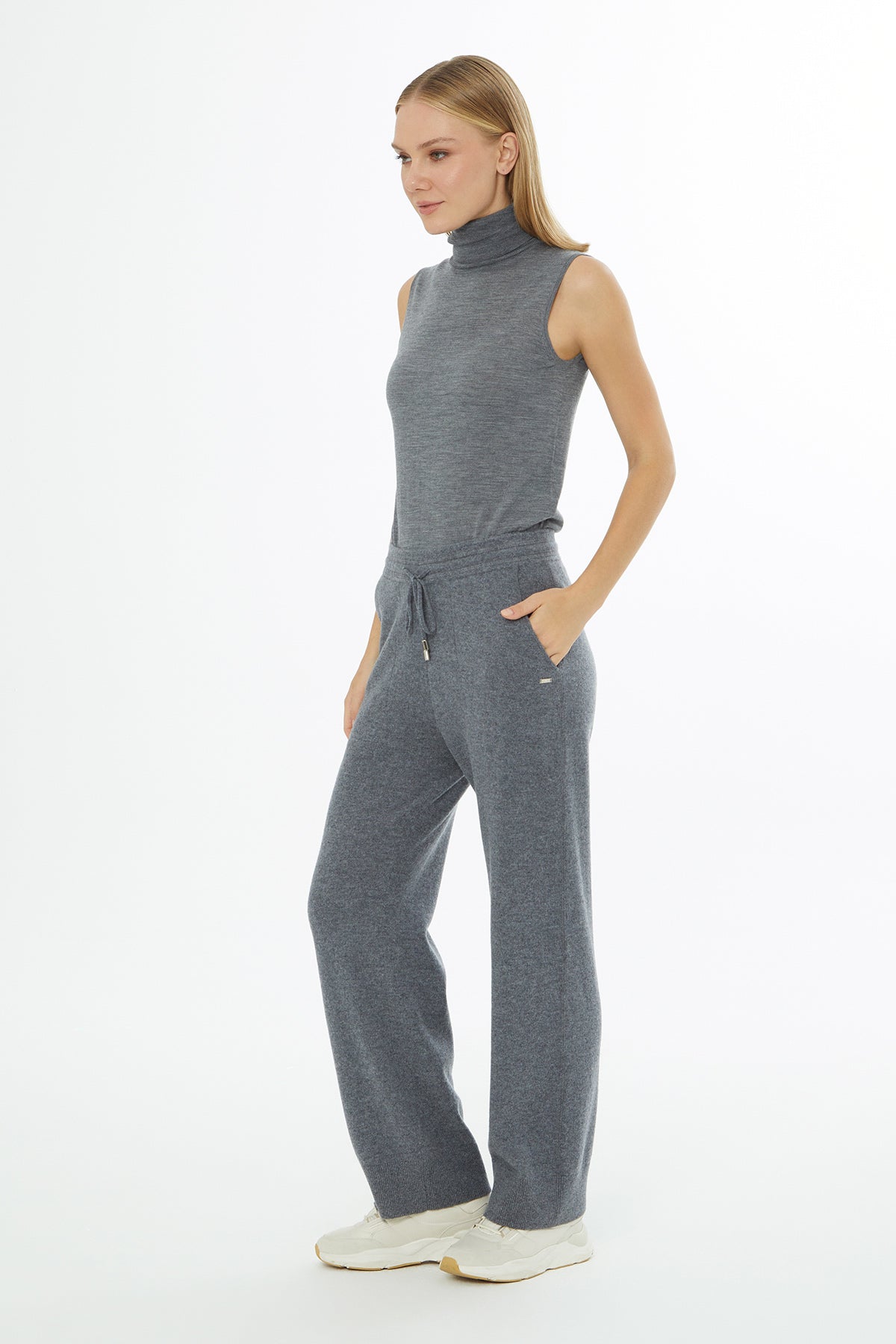 Grey Knitted Trousers with Elasticated Waist