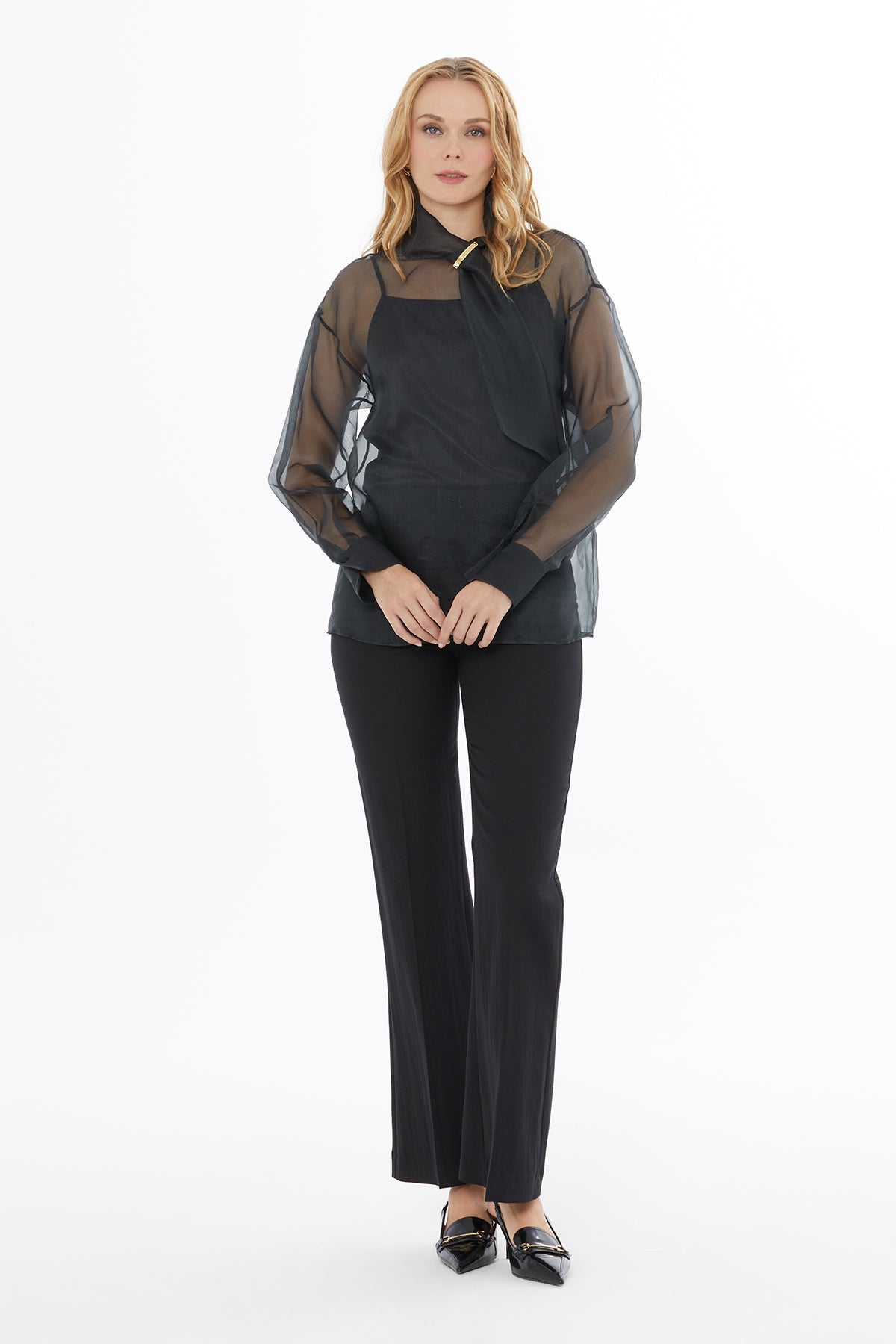 High Neck Sheer Blouse with Back Center Button Closure N