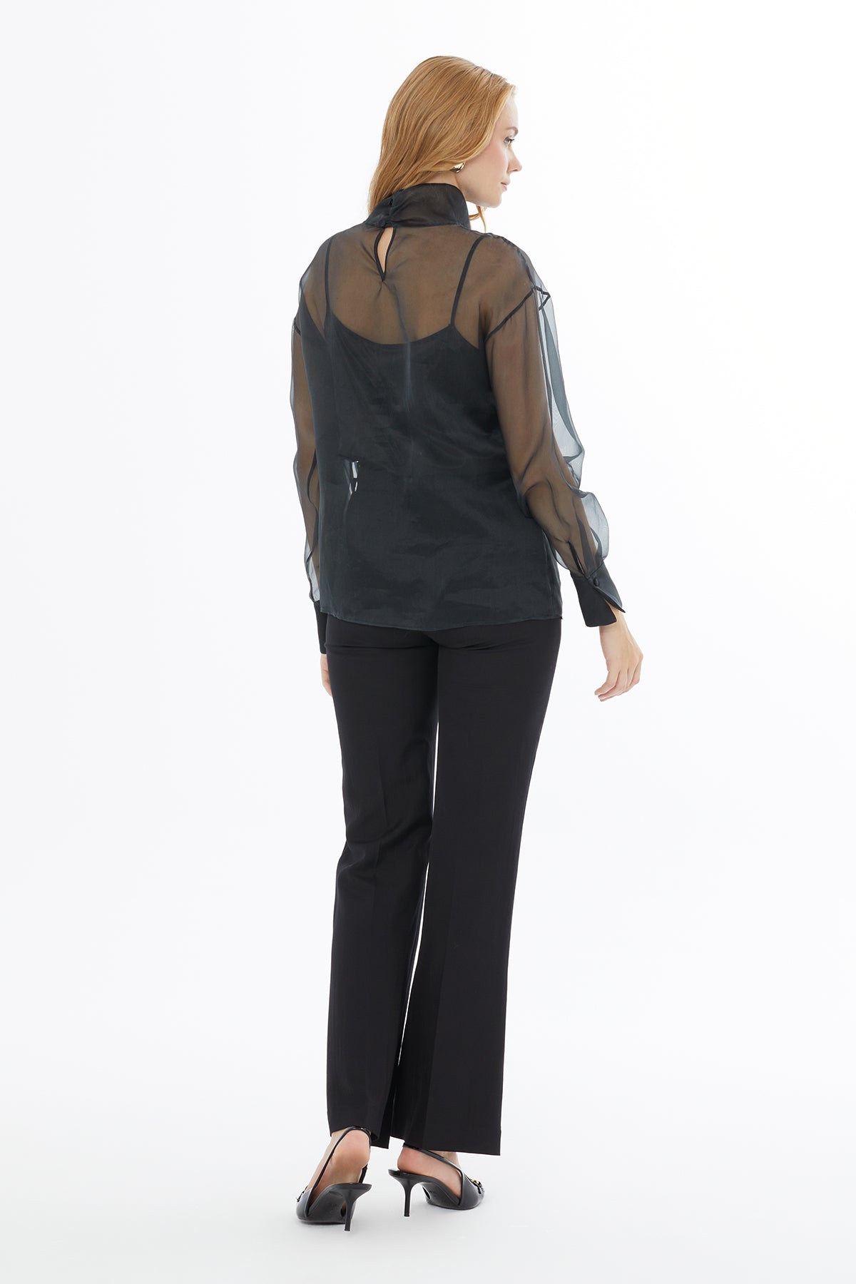High Neck Sheer Blouse with Back Center Button Closure N