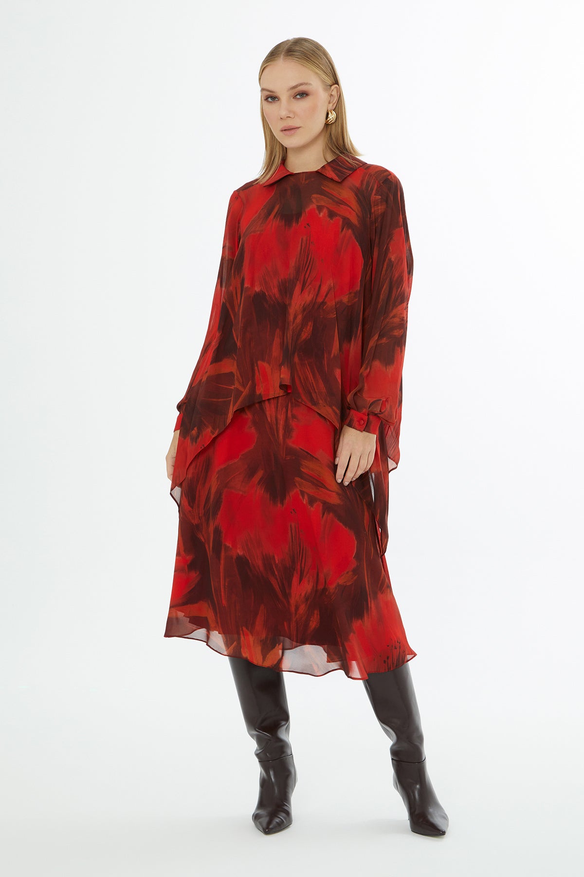 Collared Patterned Relaxed-Fit Blouse with Inner Camisole N