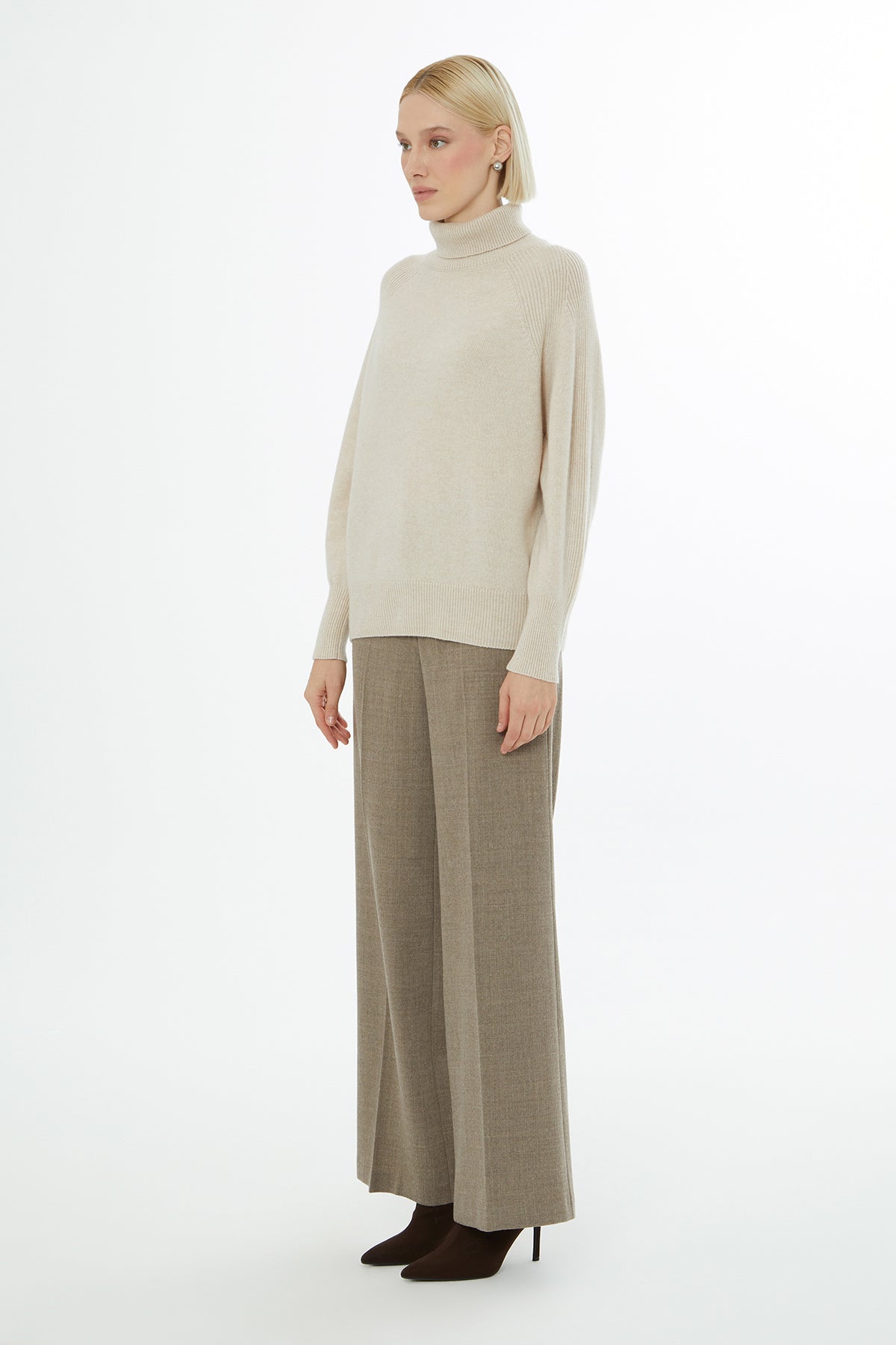 Beige Long-Sleeve Turtleneck Sweater