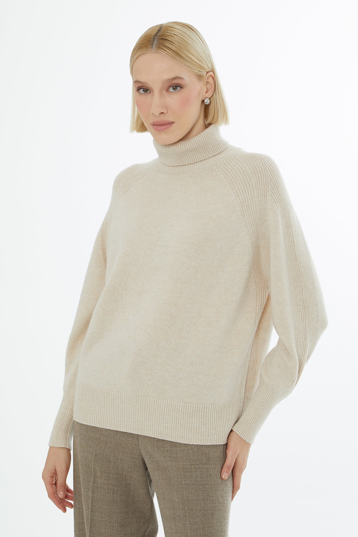 Beige Long-Sleeve Turtleneck Sweater