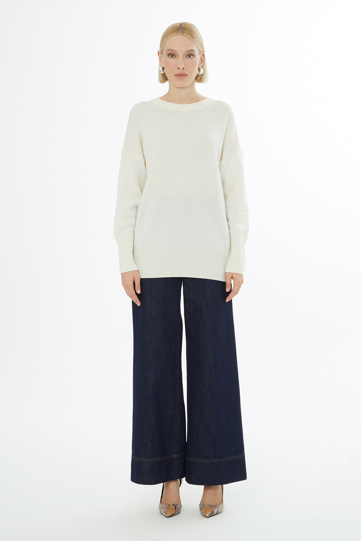 Ecru Long-Sleeve Round-Neck Sweater