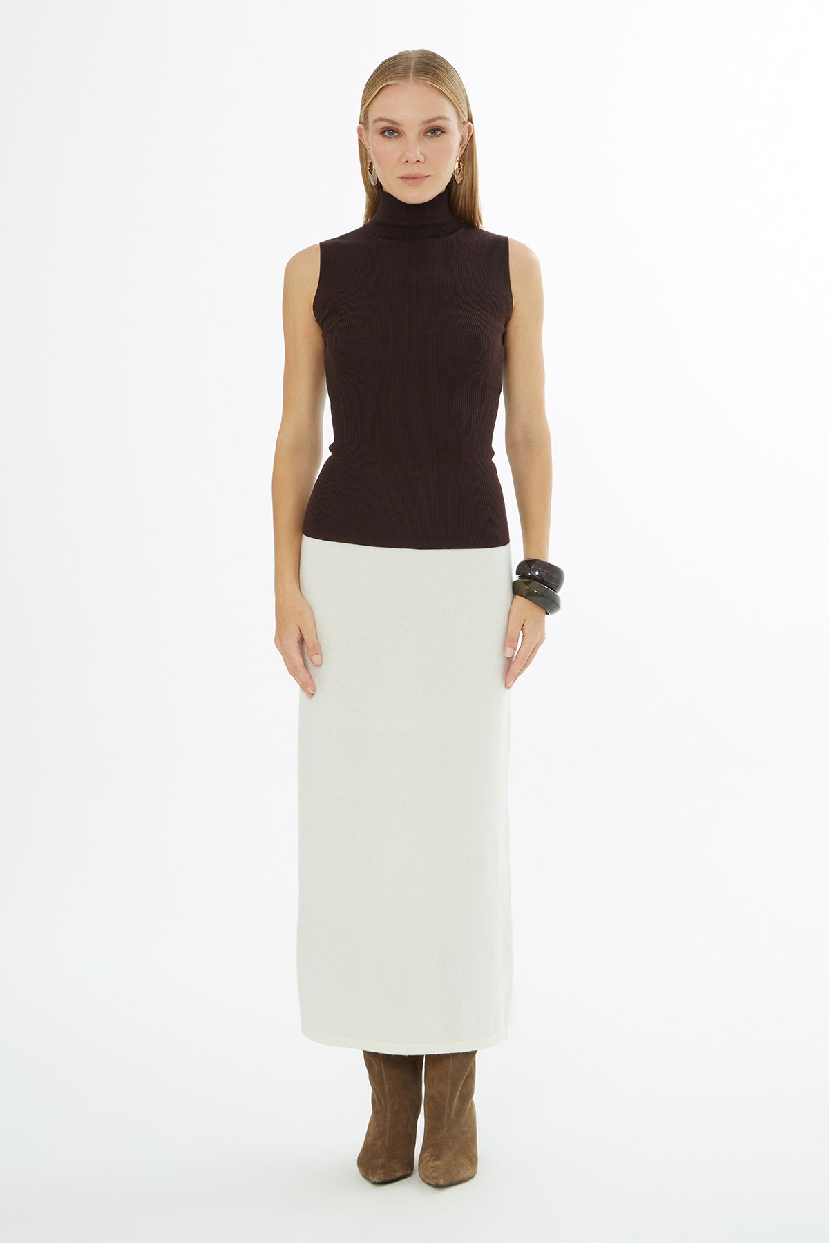 Brown Turtleneck Sleeveless Blouse