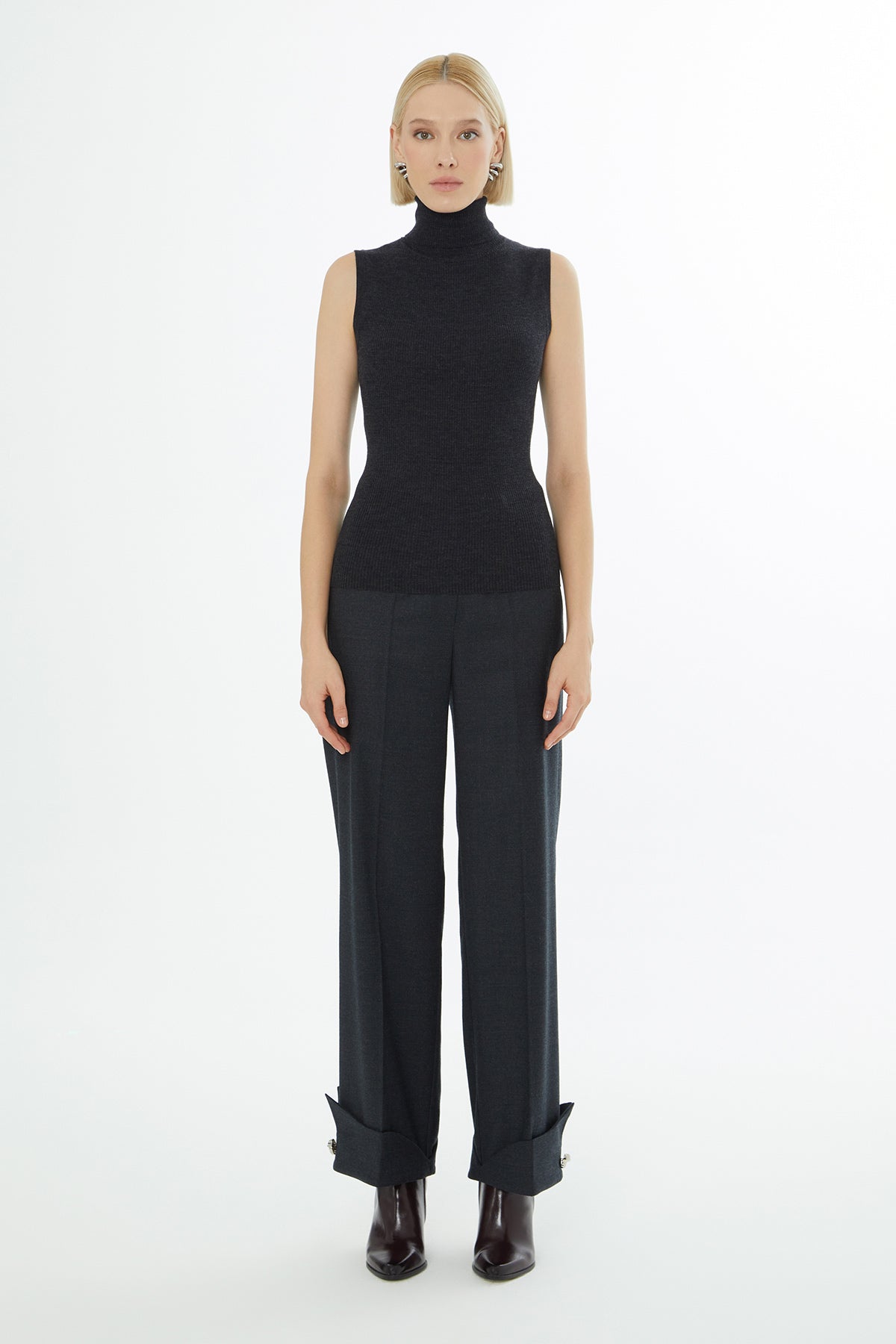 Grey Turtleneck Sleeveless Blouse