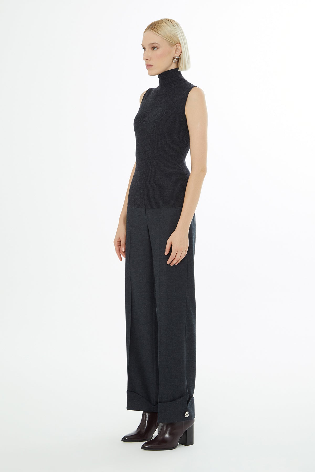 Grey Turtleneck Sleeveless Blouse