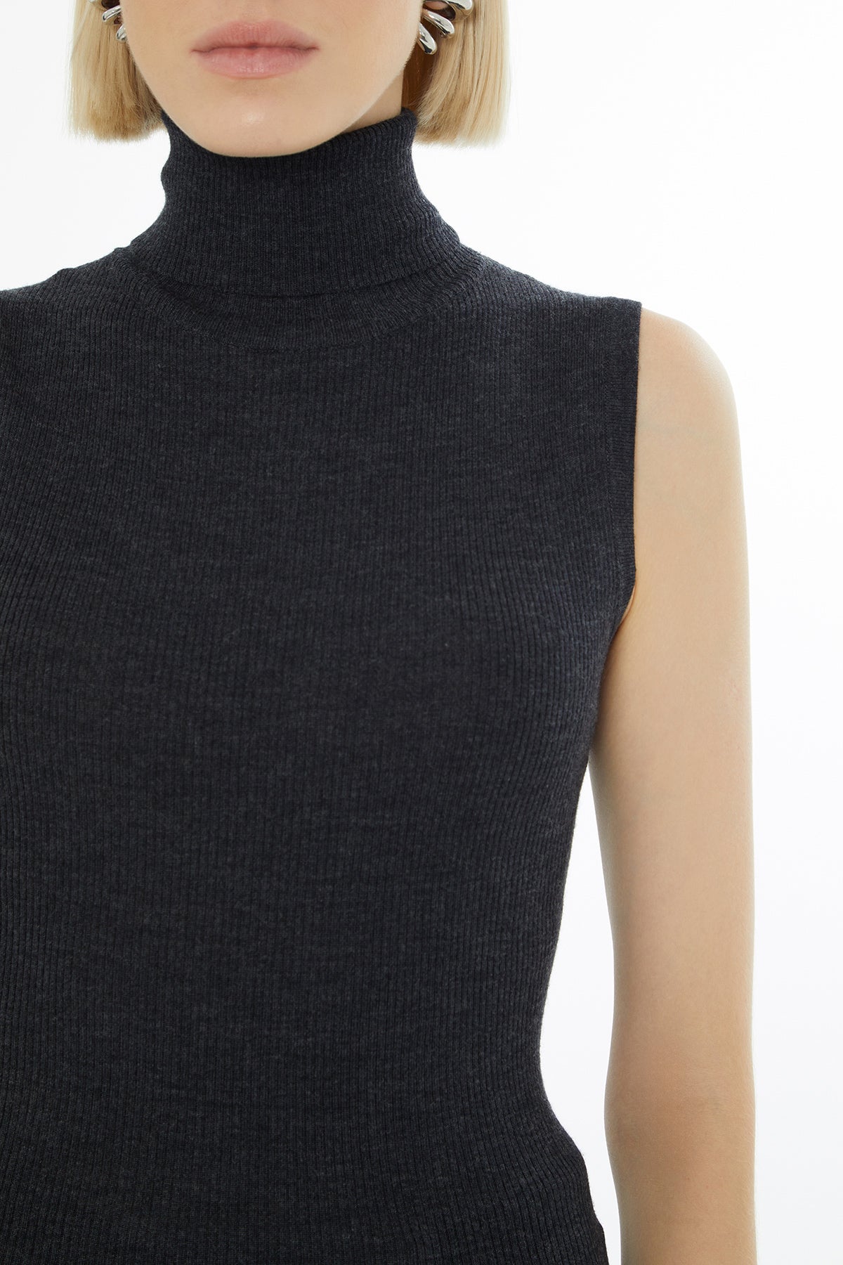 Grey Turtleneck Sleeveless Blouse