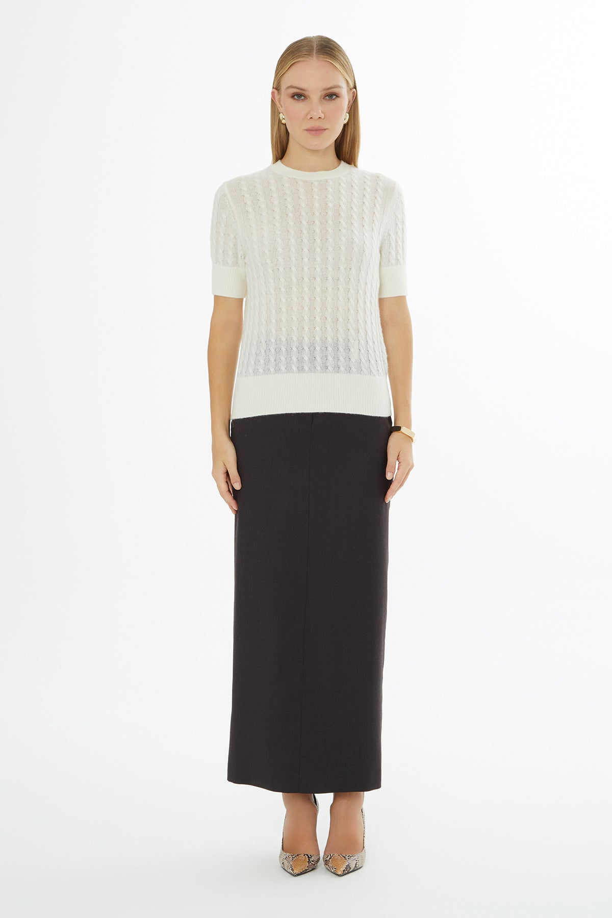 Ecru Short-Sleeve Round-Neck Sweater