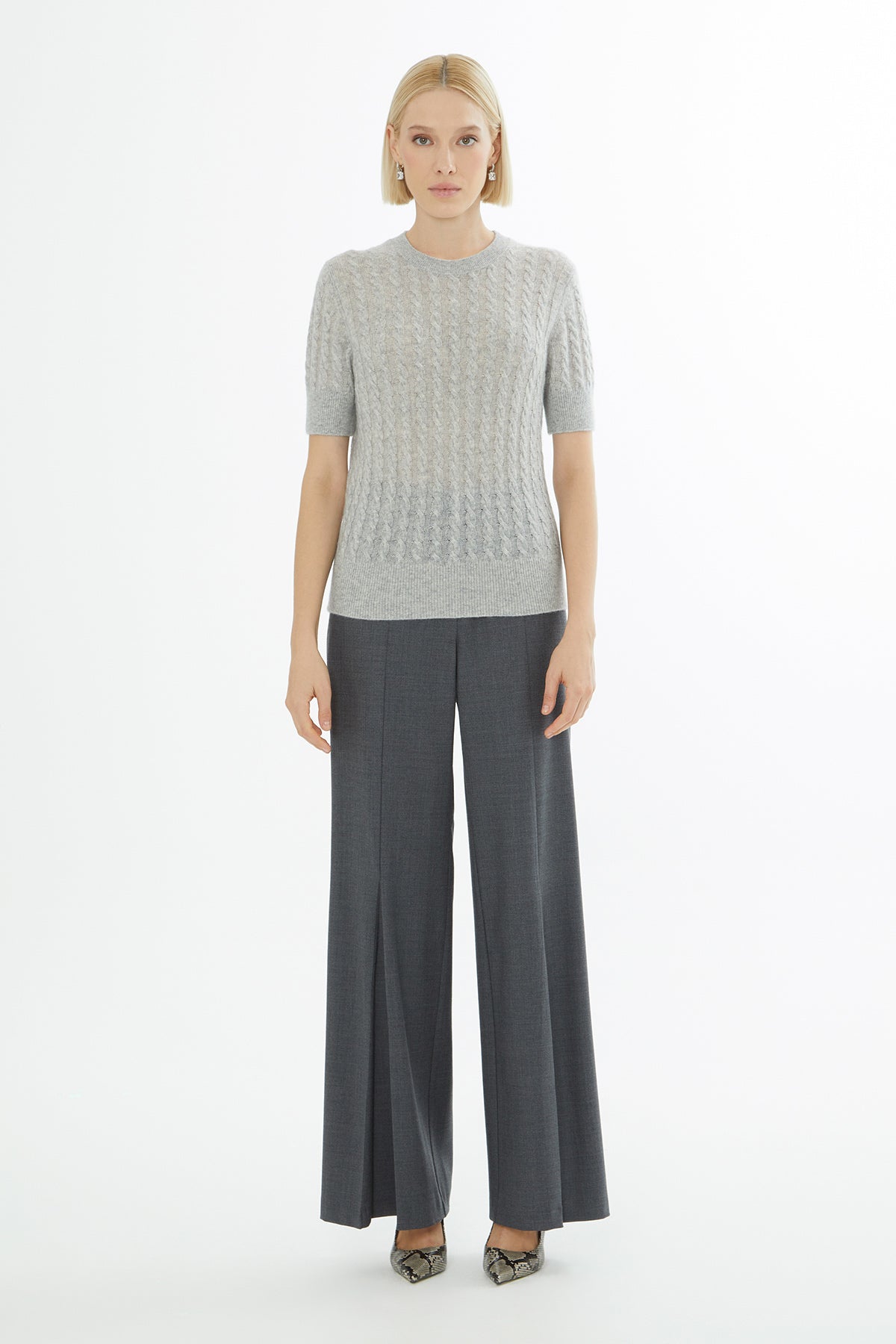Grey Short-Sleeve Round-Neck Sweater