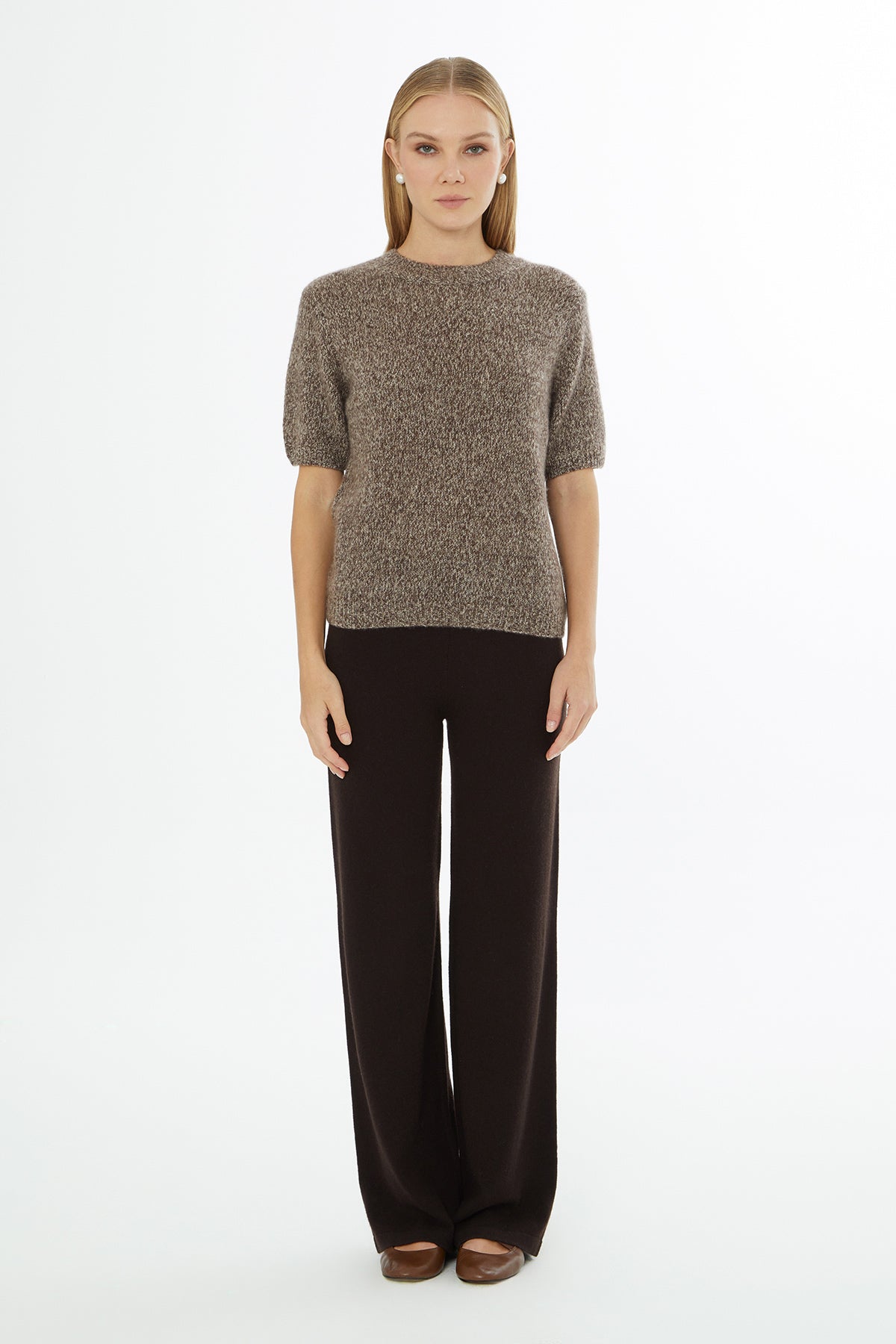 Brown Short-Sleeve Round-Neck Blouse