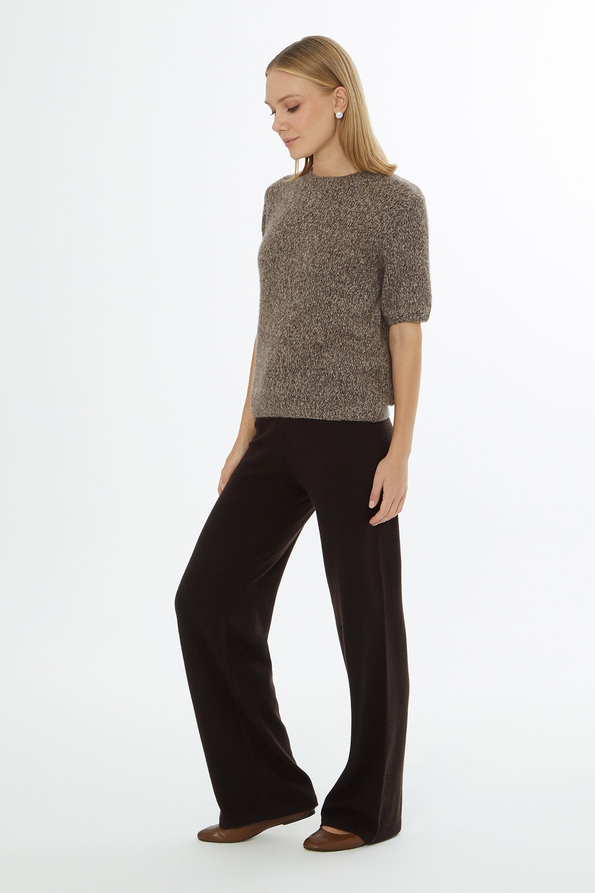 Brown Short-Sleeve Round-Neck Blouse
