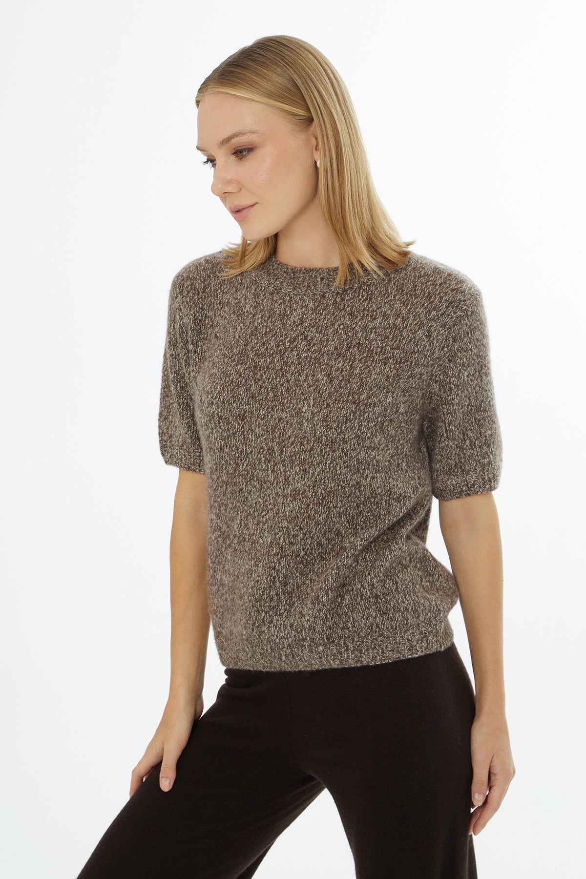 Brown Short-Sleeve Round-Neck Blouse