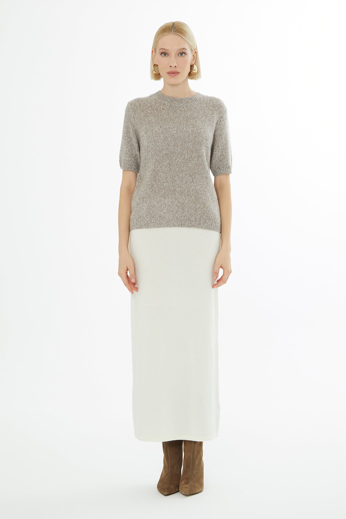 Beige Short-Sleeve Round-Neck Blouse