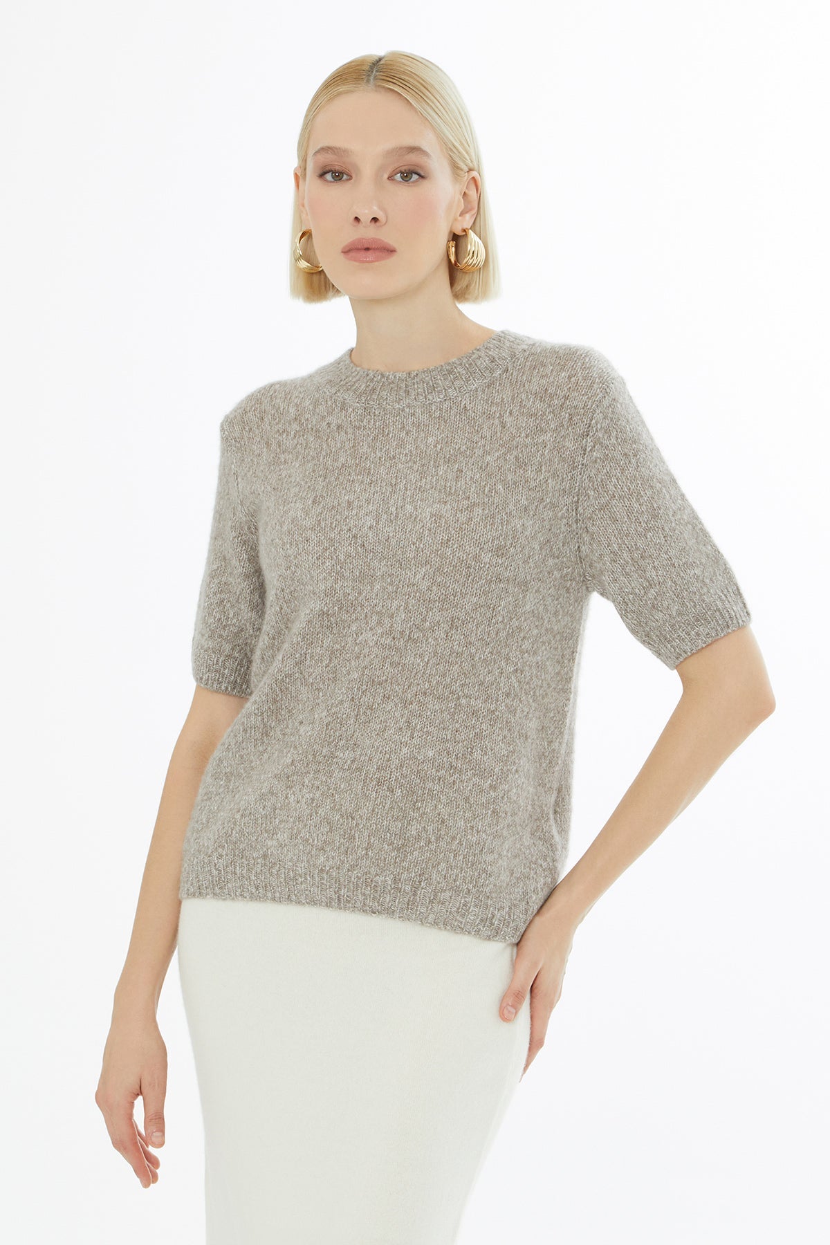 Beige Short-Sleeve Round-Neck Blouse
