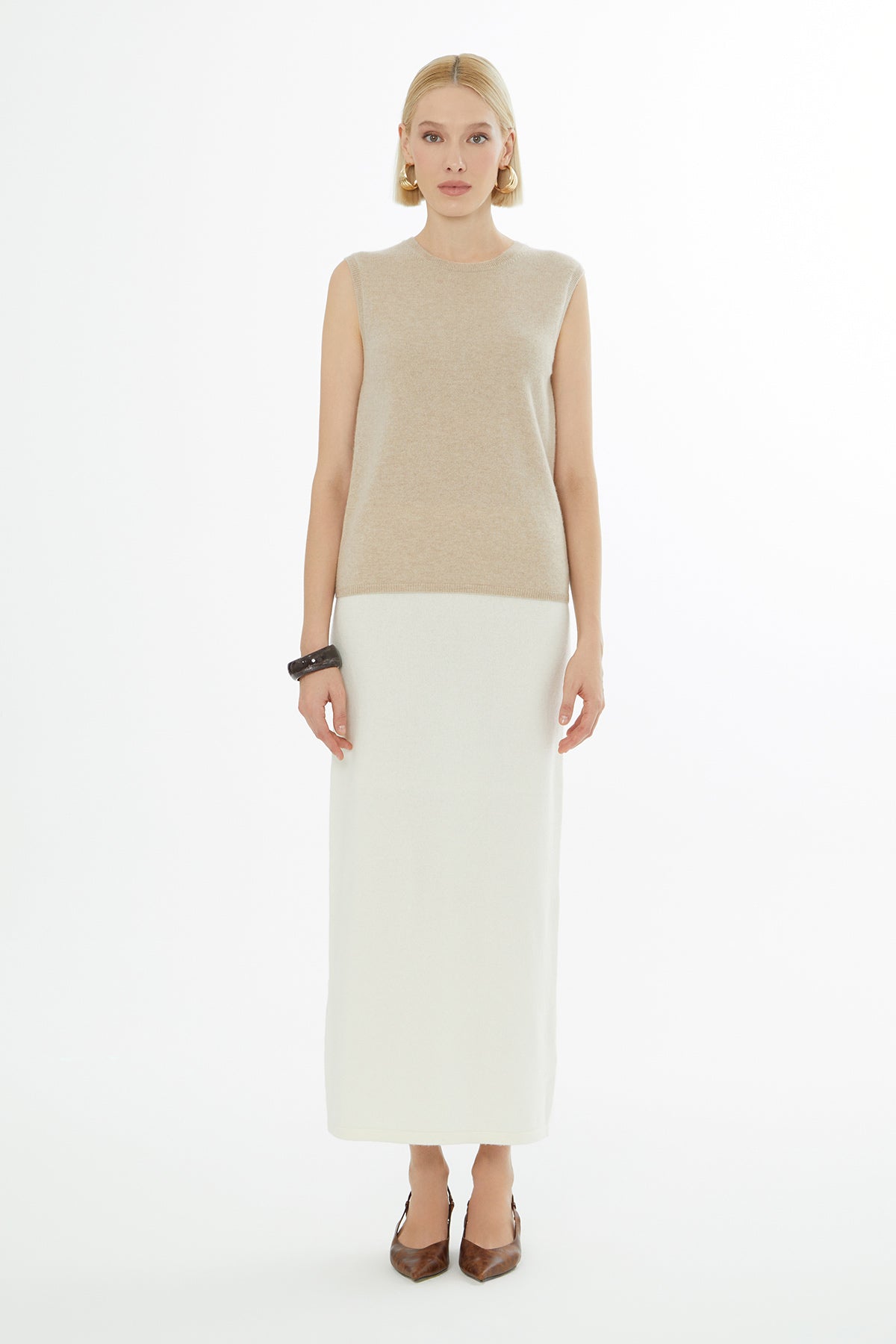 Beige Sleeveless Round-Neck Blous