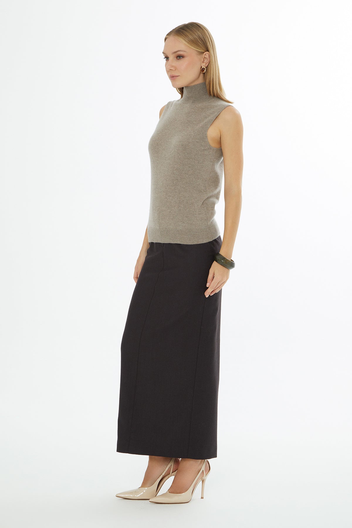 Beige Sleeveless Turtleneck Blouse