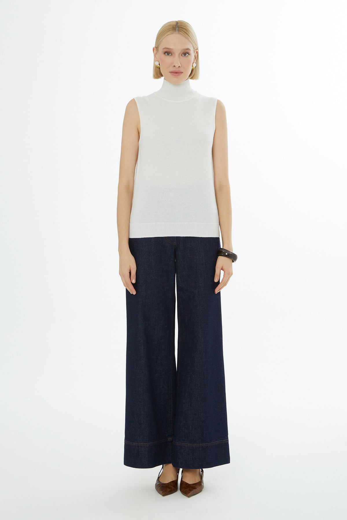 Ecru Sleeveless Turtleneck Blouse