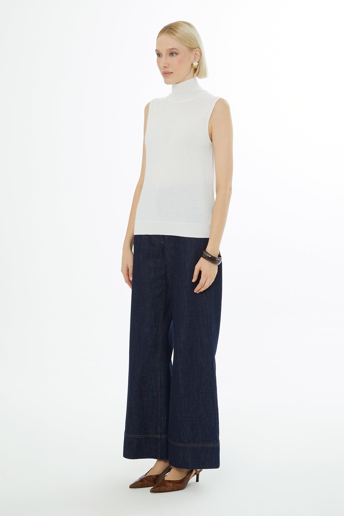 Ecru Sleeveless Turtleneck Blouse