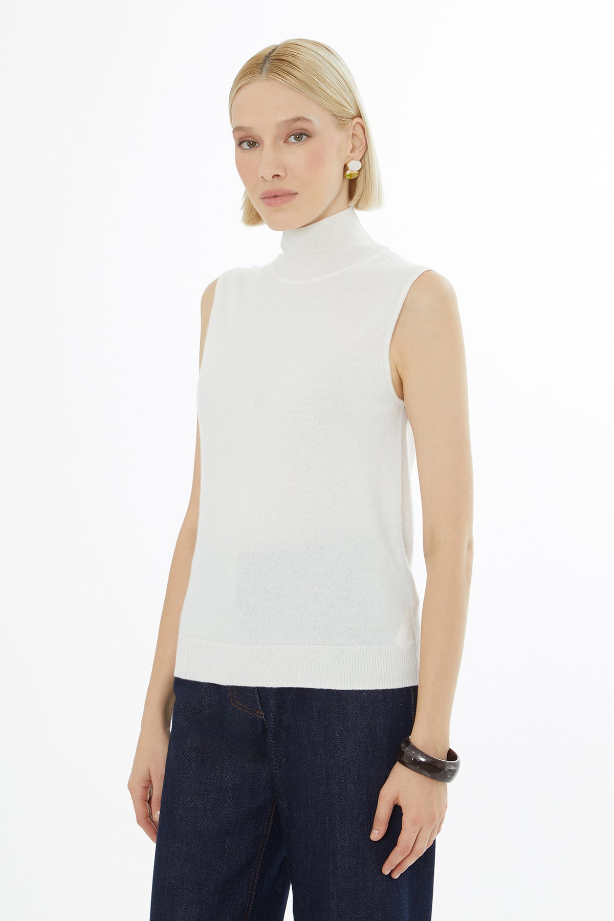 Ecru Sleeveless Turtleneck Blouse
