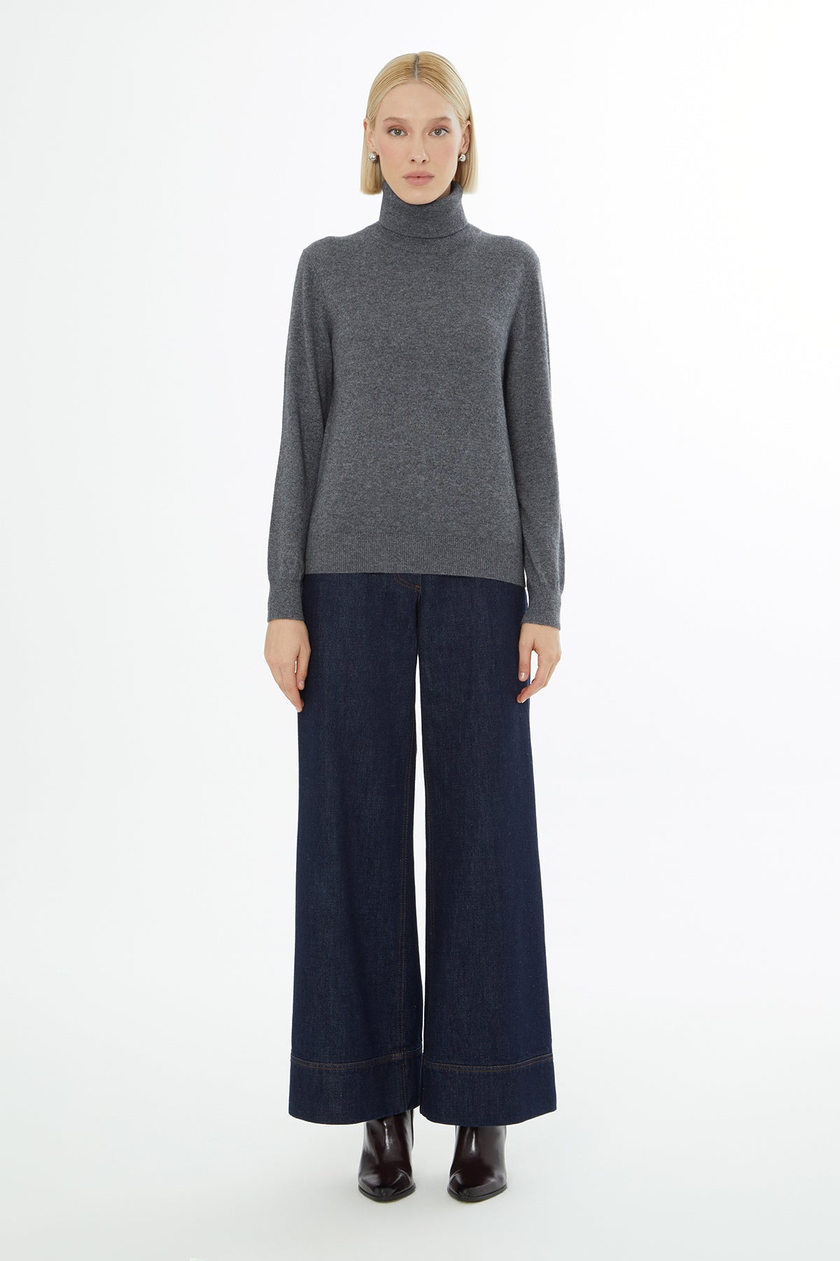 Grey Turtleneck Knit Blouse