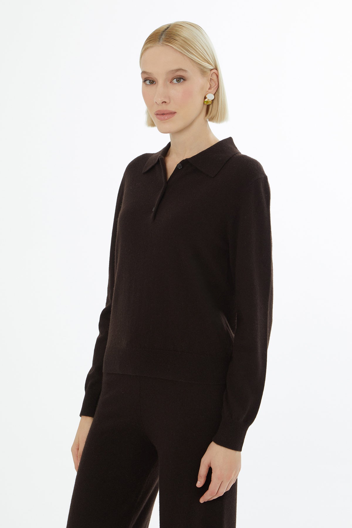 Shirt-Collar Button-Front Knit Top N