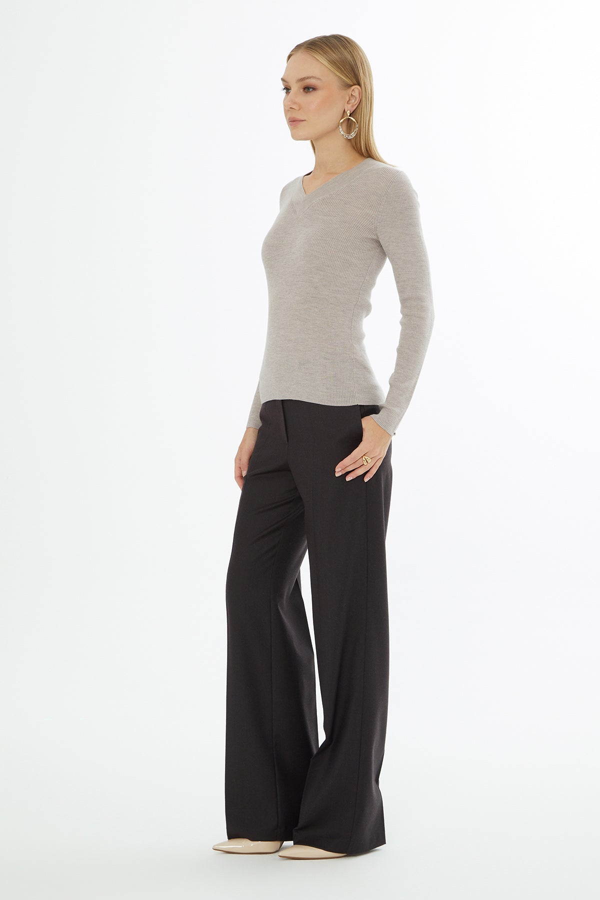 Beige Long-Sleeve V-Neck Blouse