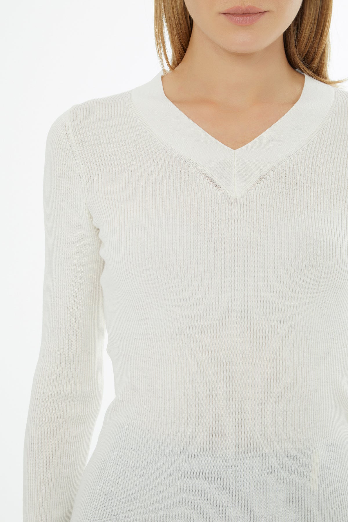 Ecru V-Neck Long-Sleeved Blouse