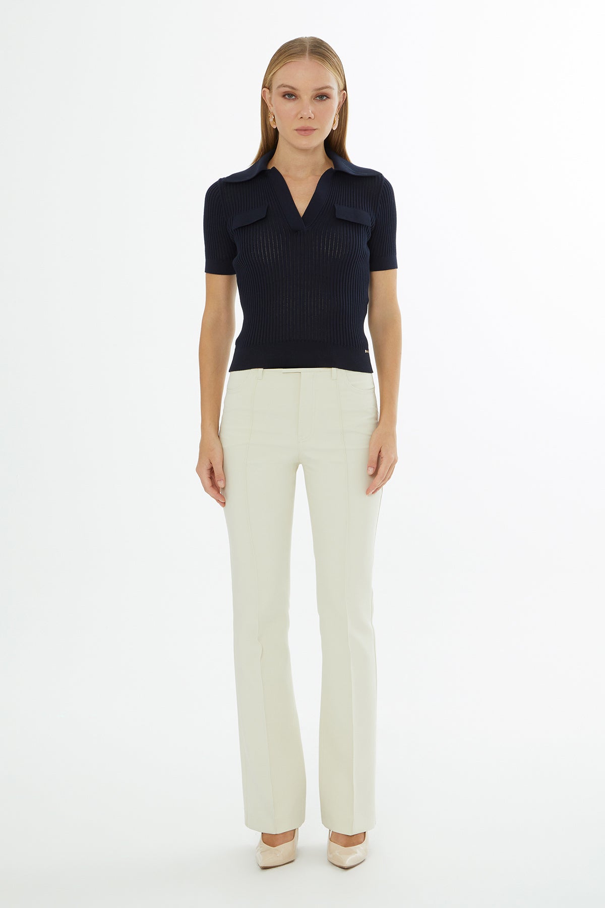 Navy Short-Sleeve Shirt-Collar Blouse