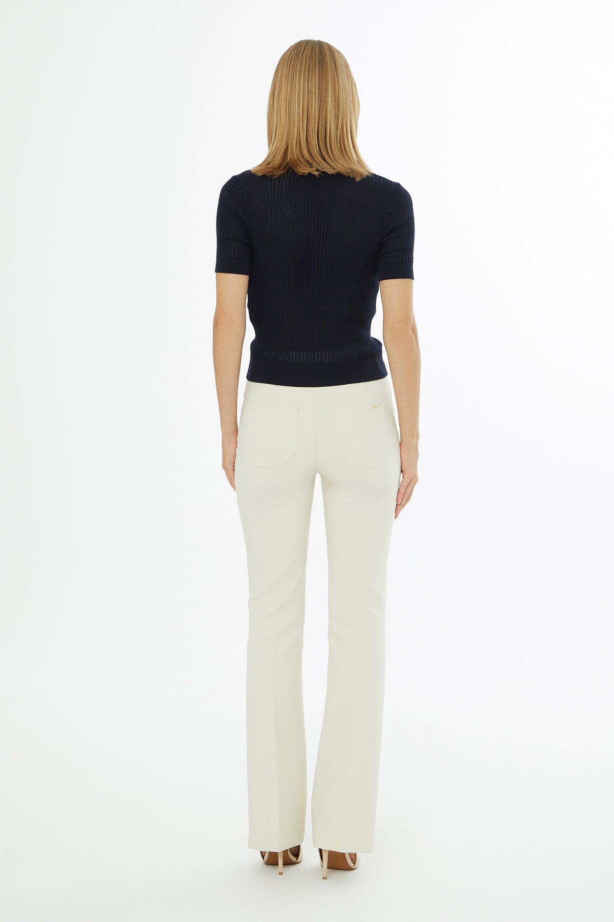 Navy Short-Sleeve Shirt-Collar Blouse