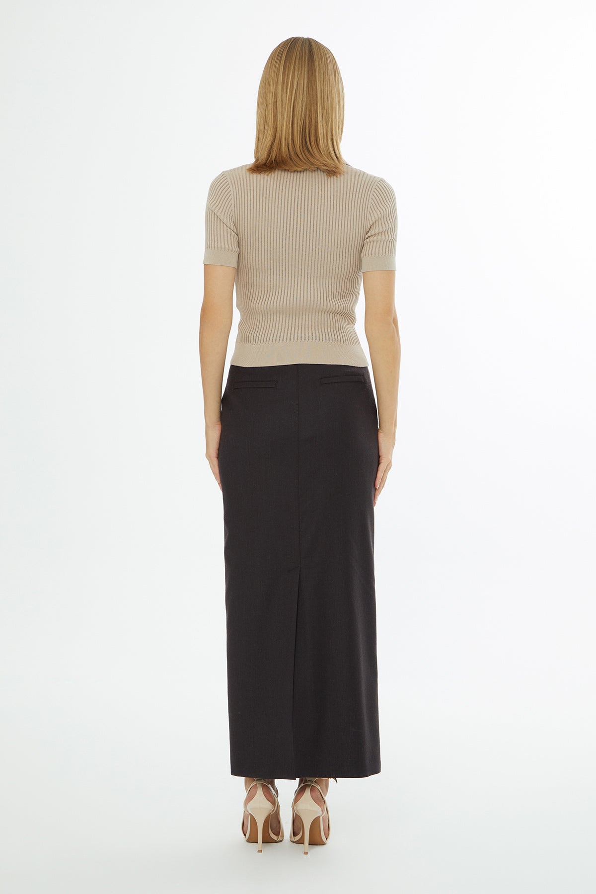 Beige Short-Sleeve Shirt-Collar Blouse