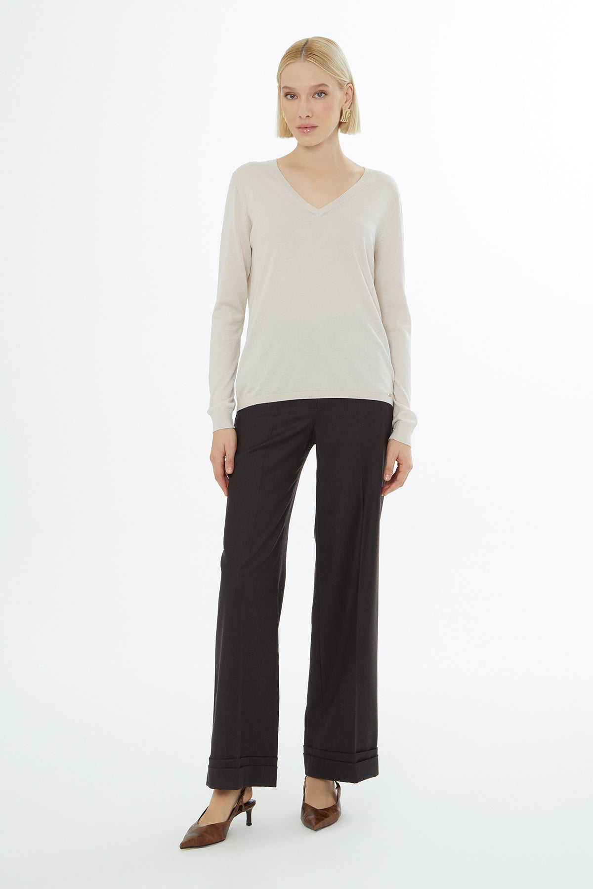 Beige Long-Sleeve V-Neck Blouse
