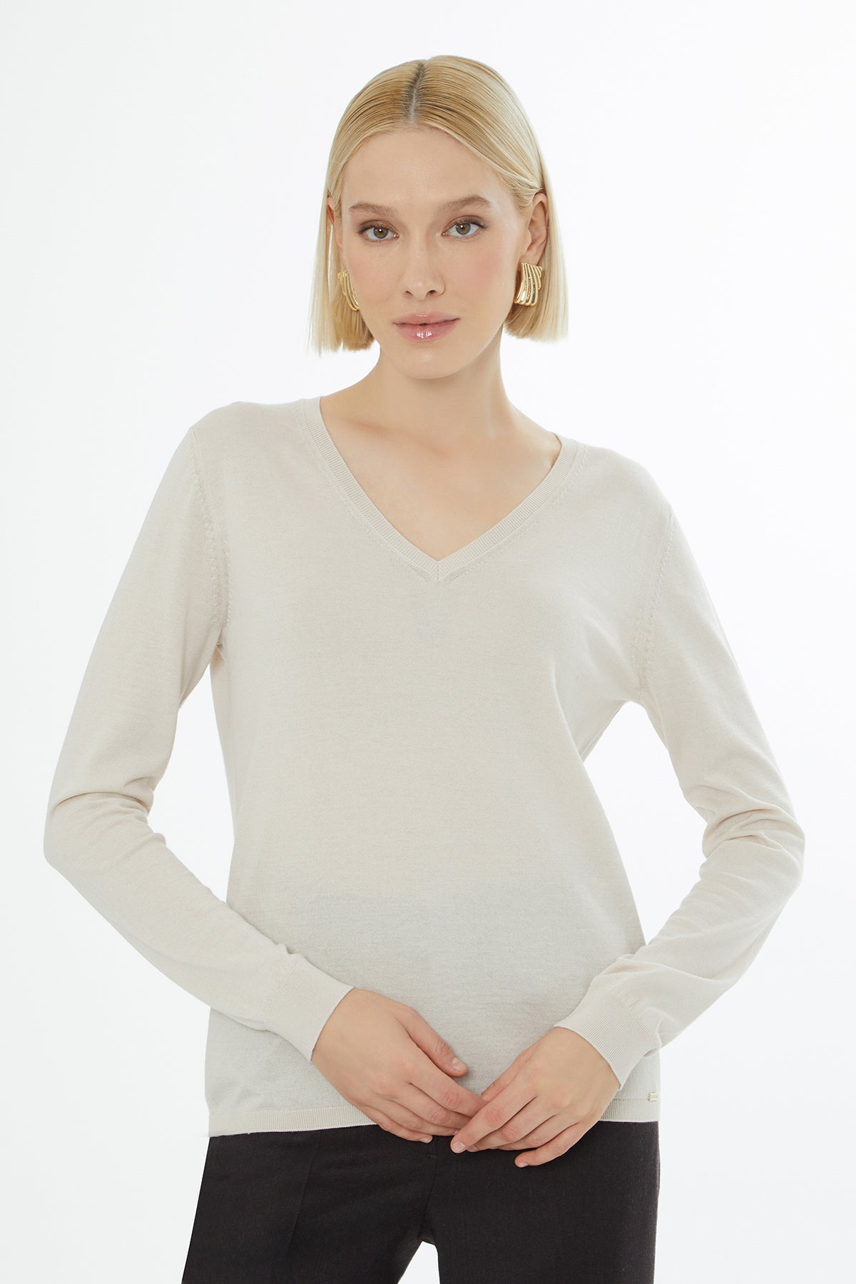 Beige Long-Sleeve V-Neck Blouse