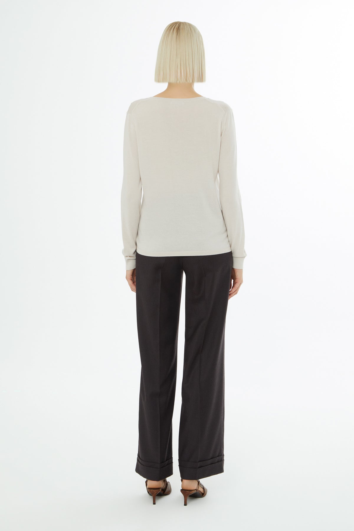 Beige Long-Sleeve V-Neck Blouse