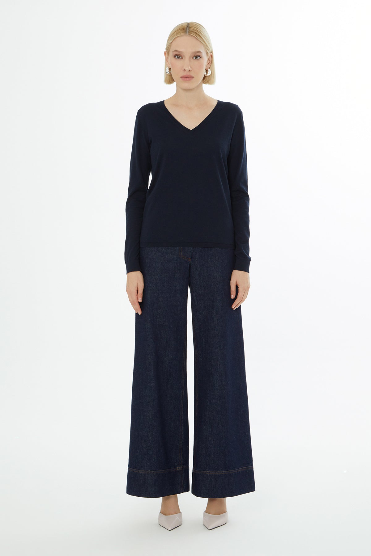 Navy Long-Sleeve V-Neck Blouse