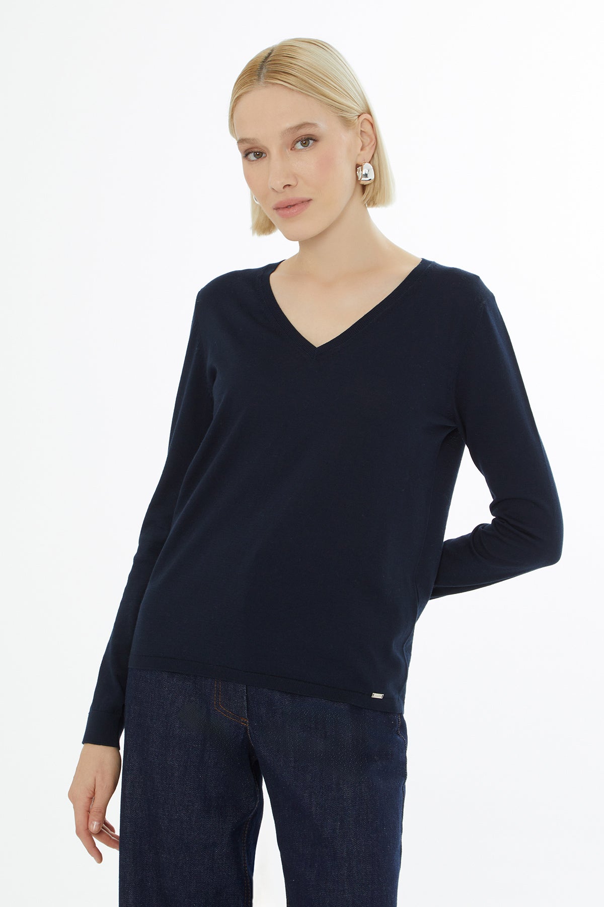 Navy Long-Sleeve V-Neck Blouse