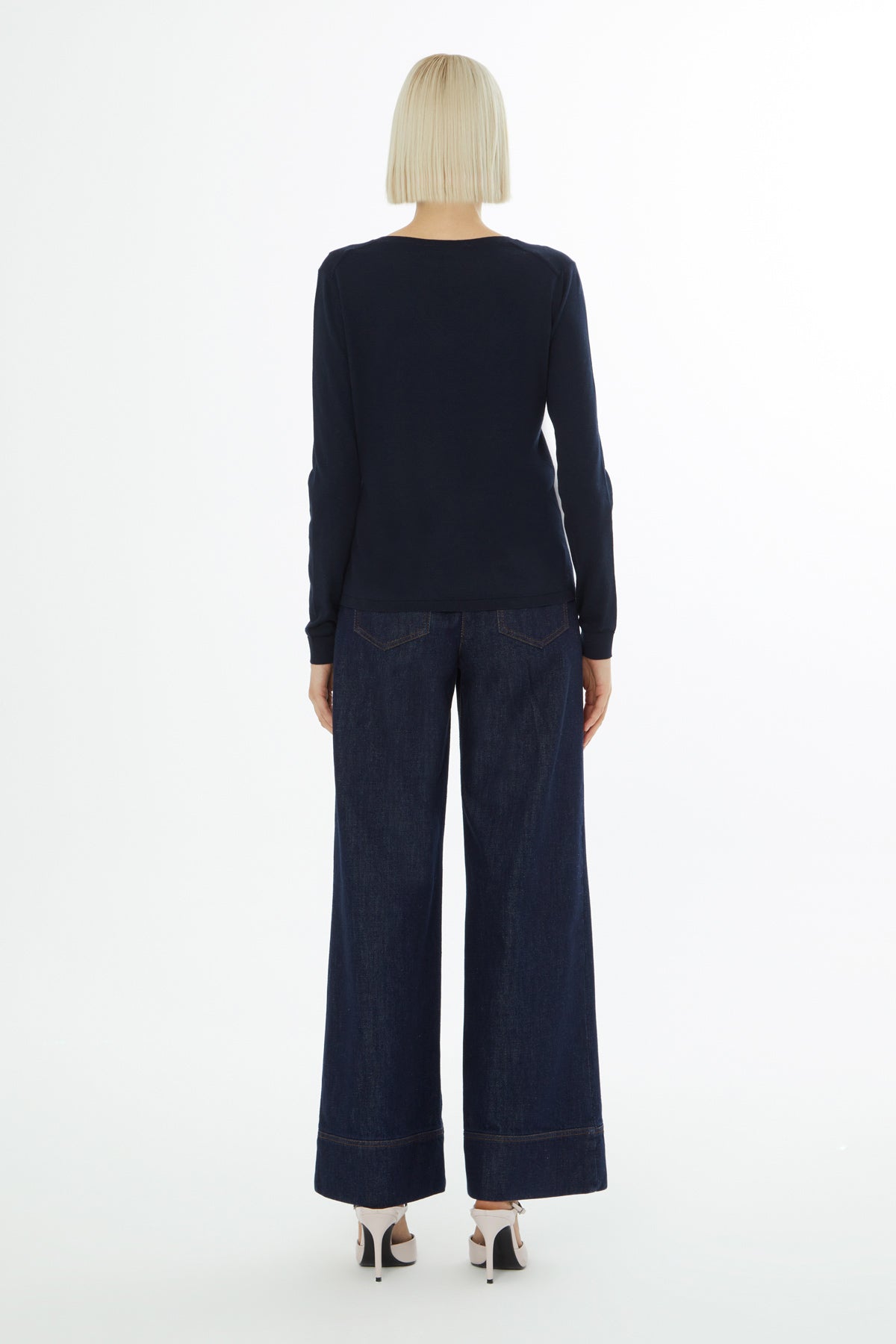 Navy Long-Sleeve V-Neck Blouse