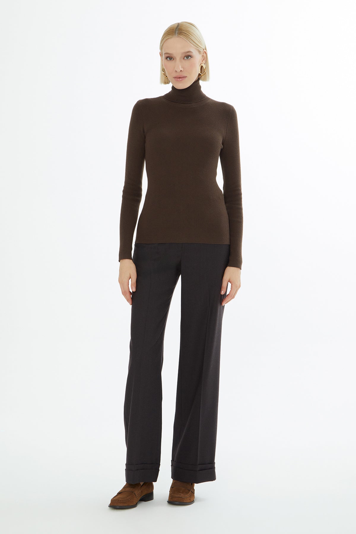 Brown High-Neck Knit Sweater