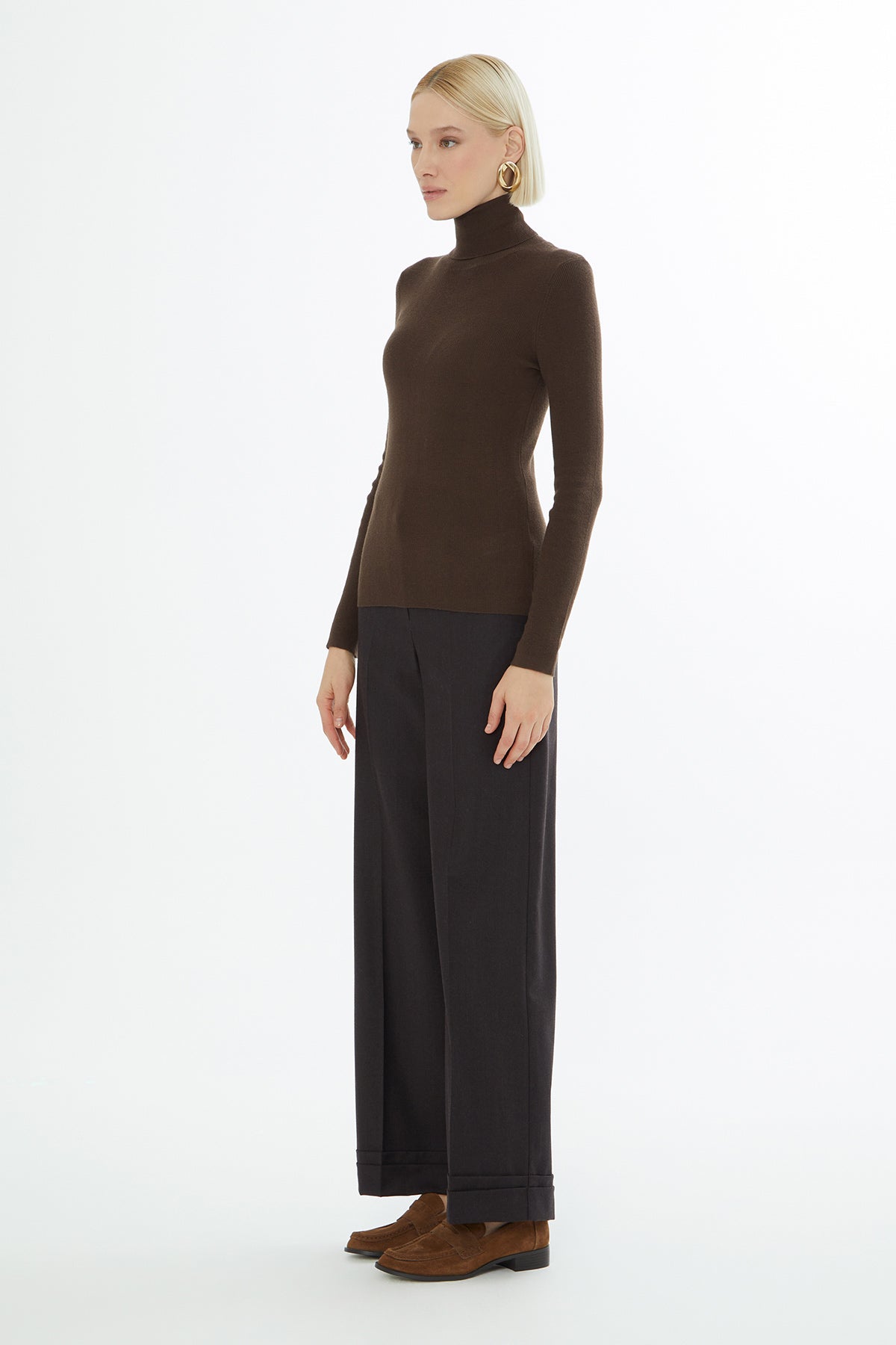 Brown High-Neck Knit Sweater