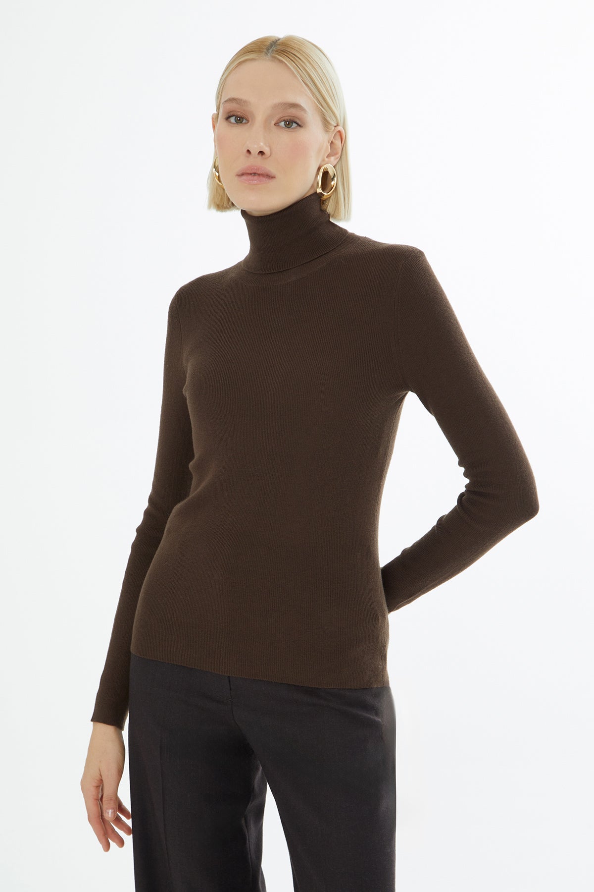 Brown High-Neck Knit Sweater