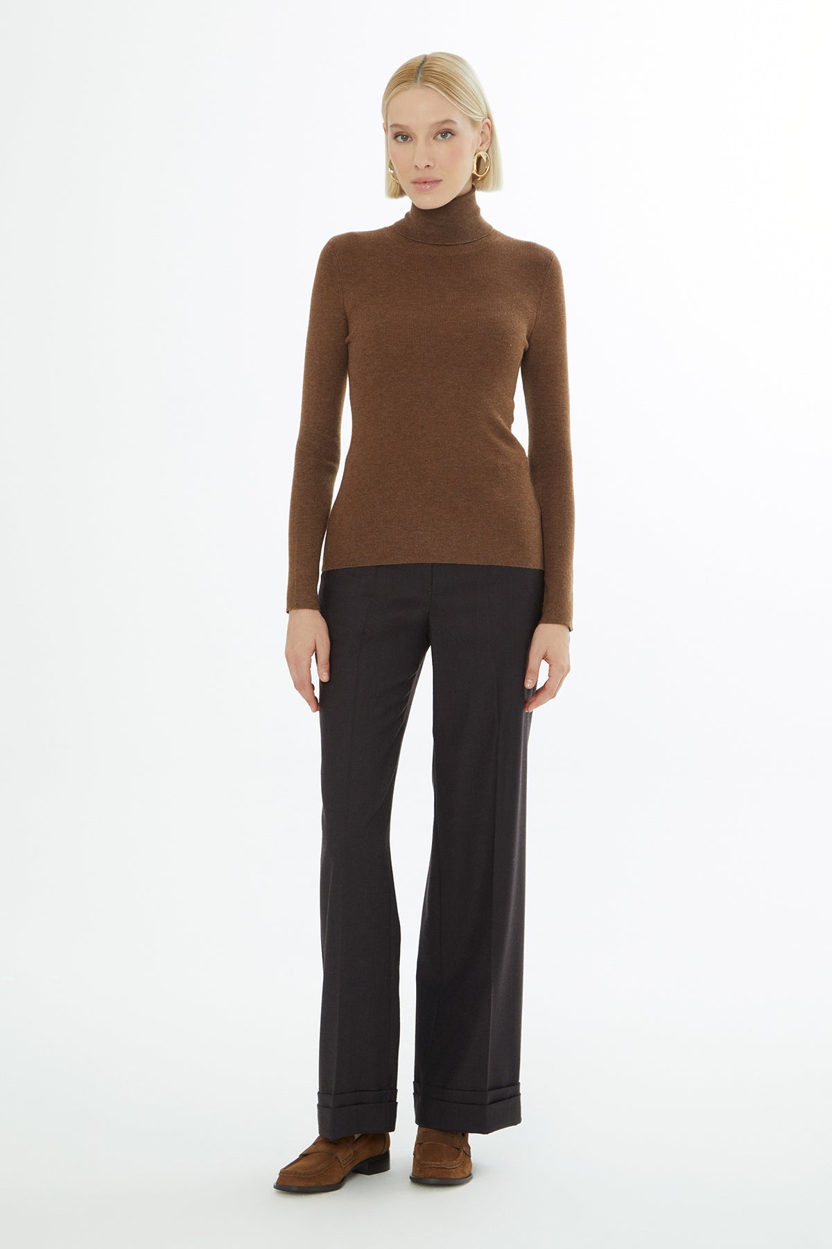 Beige High-Neck Knit Sweater